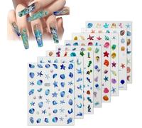 Wbgraceful 12 Sheets Summer Nail Art Stickers - Shell, Starfish, Jellyfish, and Mermaid Designs - 3D Self-Adhesive Marine Life Decals for Women's Manicure Decor, in a Cute Sea Theme.
