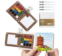 Wbgraceful Wooden Mini Paint Palette Set,15Grids Pocket Watercolor Palette Portable Sketchbook Palette Mini Travel Paint Palette with Watercolor Notebook Painting Pens Clip for Watercolor Painting
