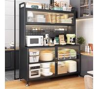 WBJGUOD 5-Tier Kitchen Storage Rack Microwave Stand with Flip Door Pegboard Sideboard Buffet Cabinet Modern Pantry Home Furniture (Black 100cm/39.3in)