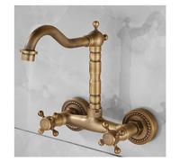 WBJGUOD Antique Brass Wall Mounted Kitchen & Bathroom Faucet Double Handle Swivel Spout Hot Cold Water Vintage Design with Pull Out Hose (Color B)