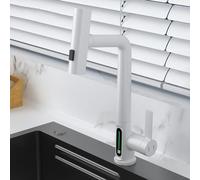 WBJGUOD Digital Temperature Display Kitchen Faucet with Pull Down Sprayer 3 Spray Modes Brass Mixer Tap White Single Handle Cascade Shower Function Modern Design.