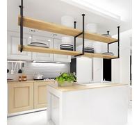 WBJGUOD Floating Shelves2Layer Wooden Display Rack Ceiling Mounted Kitchen Storage for Plates Plants & Wine Bottles Rustic Industrial Style 130x30x80cm