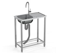 WBJGUOD Freestanding Stainless Steel Kitchen Sink with Workbench Large Outdoor Single Bowl for Camping Garage Laundry Room Restaurant Hot & Cold Water Taps