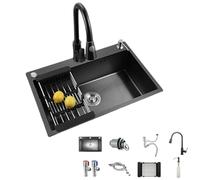WBJGUOD Kitchen Sink Household Wash Basin Single Handmade Thickened Nano 304 Stainless Steel Black with Multiple Accessories Drop in/Topmount Workstation