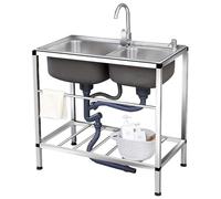 WBJGUOD Outdoor Sink Stainless Steel Free-Standing Catering Sink, Portable Kitchen Double Bowl Unit and Cold Hot Tap for Laundry Room Garage