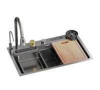 WBJGUOD Single Bowl Workstation Kitchen Sink with Left Cascade Stainless Steel Includes Knife Holder and Pull Out Faucet A 80x45 cm Durable Stylish Design