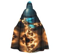 WBQLSL Adult Cosplay Cape, View under the moon Patterned Witch Robe, Men and Women Halloween Prom Party Hooded Cape