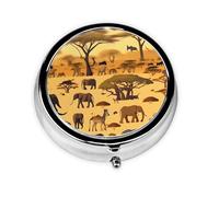 WBQLSL African grassland animals Printed round medicine box with 3 compartments for portable medicine storage