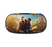 WBQLSL Bear looking up at flowers Large capacity pencil bag, multi-layer partition stationery storage bag - unisex learning office supplies