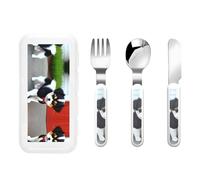 WBQLSL Black and White Puppy Printed Children's Tableware 3-Piece Set Kindergarten Children's Tableware Portable Picnic Tableware Set