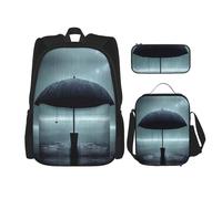 WBQLSL Black Umbrella in The rain Patterns School Bag + Pencil case + Lunch Bag Combination Backpack Suitable for Everyday Commuting