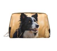 WBQLSL Border Collie Leather makeup bag, portable large-capacity makeup storage bag, carry-on travel with pocket makeup bag