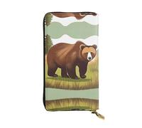 WBQLSL Brown bear walking Stylish leather wallet, 7.48 x 4.13 inch long zippered coin purse, convenient travel cash wallet