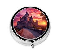 WBQLSL Castle at Sunset Mini medicine box with three compartments, small round medicine box, portable