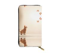 WBQLSL Cat looking at butterfly Stylish leather wallet, 7.48 x 4.13 inch long zippered coin purse, convenient travel cash wallet