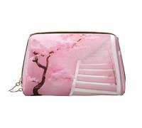WBQLSL Cherry blossom white staircase Leather makeup bag, portable large-capacity makeup storage bag, carry-on travel with pocket makeup bag