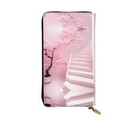 WBQLSL Cherry blossom white staircase Stylish leather wallet, 7.48 x 4.13 inch long zippered coin purse, convenient travel cash wallet