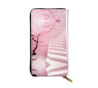 WBQLSL Cherry blossom white staircase Zipper leather wallet, 7.5 * 4.1 inch long clutch bag, multiple compartments and large capacity, a good gift for friends