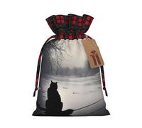 WBQLSL Christmas Gift Drawstring Bag 8.3 * 11.8 Inch, Christmas Party Supplies Decorative Bag, Black Cat in the Snow Burlap Gift Bag