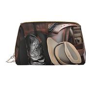 WBQLSL Cowboy Black Hat Western Boots Leather makeup bag, portable large-capacity makeup storage bag, carry-on travel with pocket makeup bag