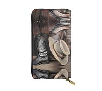 WBQLSL Cowboy Black Hat Western Boots Zipper leather wallet, 7.5 * 4.1 inch long clutch bag, multiple compartments and large capacity, a good gift for friends