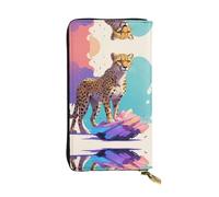 WBQLSL Data Stream Cheetah Long leather clutch with zippered coin purse and 12 credit card slots, lightweight travel cash wallet