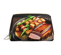 WBQLSL Delicious grilled meat Leather makeup bag, portable large-capacity makeup storage bag, carry-on travel with pocket makeup bag
