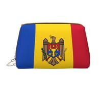 WBQLSL Flag of Moldova Leather makeup bag, portable large-capacity makeup storage bag, carry-on travel with pocket makeup bag
