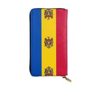 WBQLSL Flag of Moldova Long leather clutch with zippered coin purse and 12 credit card slots, lightweight travel cash wallet