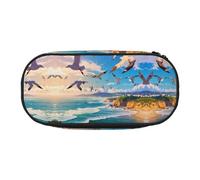 WBQLSL Flying seagull Printed stationery storage bag - multi-grid layered pencil case portable student pencil bag
