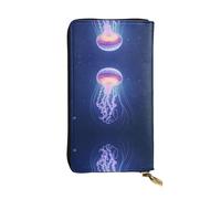 WBQLSL Glowing Jellyfish Stylish leather wallet, 7.48 x 4.13 inch long zippered coin purse, convenient travel cash wallet