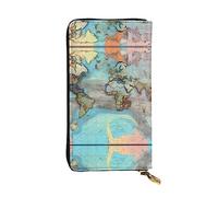 WBQLSL Hand-held leather wallet, 7.5 * 4.1 inch long wallet, secret compartment, storage, protect personal privacy, Cartoon world map pattern