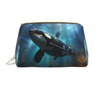WBQLSL Huge killer whales Leather makeup bag, portable large-capacity makeup storage bag, carry-on travel with pocket makeup bag