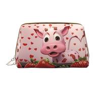 WBQLSL Pink Cow with Strawberries Leather makeup bag, portable large-capacity makeup storage bag, carry-on travel with pocket makeup bag
