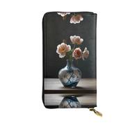 WBQLSL realistic vase Long leather clutch with zippered coin purse and 12 credit card slots, lightweight travel cash wallet