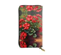 WBQLSL Red geraniums Long leather clutch with zippered coin purse and 12 credit card slots, lightweight travel cash wallet