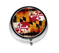 WBQLSL Round Mini Pill Box, 3 partitions, Portable Pill Box, can be Put into Wallet, Pocket, Light and Convenient Vintage Wooden Maryland Flag Pattern