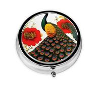 WBQLSL Round Mini Pill Box, 3 partitions, Portable Pill Box, can be Put into Wallet, Pocket, Light and Convenient Peacock Red Flower Pattern