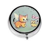 WBQLSL Round Mini Pill Box, 3 partitions, Portable Pill Box, can be Put into Wallet, Pocket, Light and Convenient Kitten Butterfly Pattern