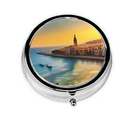 WBQLSL Round Mini Pill Box, 3 partitions, Portable Pill Box, can be Put into Wallet, Pocket, Light and Convenient Sunset in Barcelona Pattern