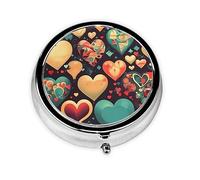 WBQLSL Round Mini Pill Box, 3 partitions, Portable Pill Box, can be Put into Wallet, Pocket, Light and Convenient Colorful Hearts Pattern