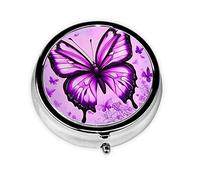 WBQLSL Round Mini Pill Box, 3 partitions, Portable Pill Box, can be Put into Wallet, Pocket, Light and Convenient Purple Butterfly Pattern