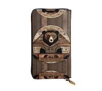 WBQLSL Rustic Lodge Bear Zipper leather wallet, 7.5 * 4.1 inch long clutch bag, multiple compartments and large capacity, a good gift for friends