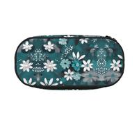 WBQLSL Teal Grey and White Floral Printed stationery storage bag - multi-grid layered pencil case portable student pencil bag