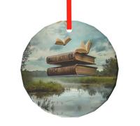 WBQLSL This Floating books on the lake printed Christmas round glass pendant is perfect for Christmas, Halloween, and other holiday decorations.