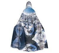 WBQLSL Village snow scene Halloween cape masquerade hooded cape rave party costume (length 147 cm/hood height 38 cm)