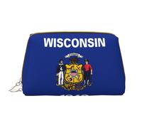 WBQLSL Wisconsin State Flag Leather makeup bag, portable large-capacity makeup storage bag, carry-on travel with pocket makeup bag
