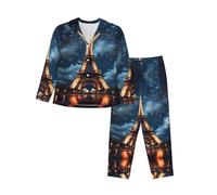WBQLSL Women's Autumn/Winter Paris Tower Patterned Pajama Set - Breathable and Soft, Long-Sleeved Warm Loungewear -, Black, XL