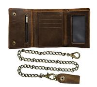 WBQMUNY Men's Tri-fold Vintage Biker Cowhide Top Grain Leather Steel Chain Wallet, Chain Wallets for Men Cow Leather Wallet, Snap Closure