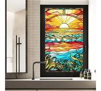 WBQMUNY Sunrise Painted Frosted Static Cling Decorative Window Film,Non Adhesive Privacy Film,Stained Glass Window Film for Bathroom Shower Door Heat Anti UV 17.7"x39.5" (BL144)
